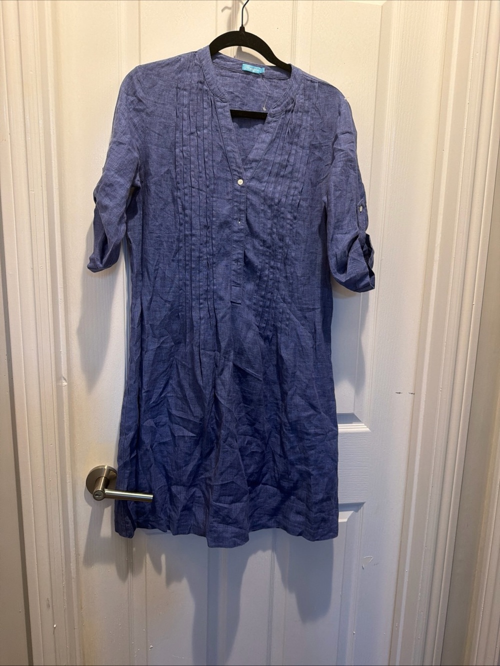 J. McLaughlin Riviera 100% Linen Shirt Dress S Navy Pintucks 3/4 Roll Tab Sleeve
